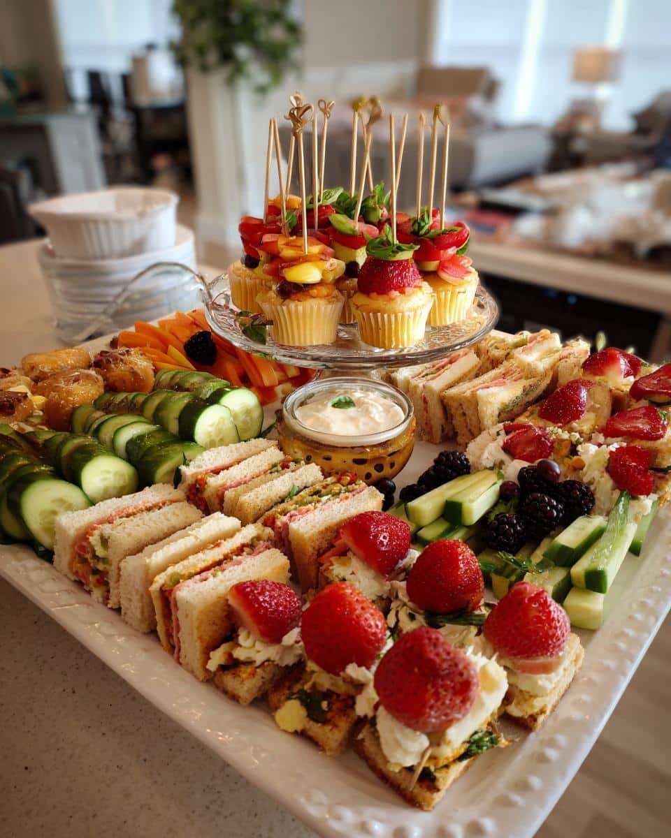 A beautiful platter of bridal shower food, including mini sandwiches, fruit skewers, and vegetable sticks with dip.
