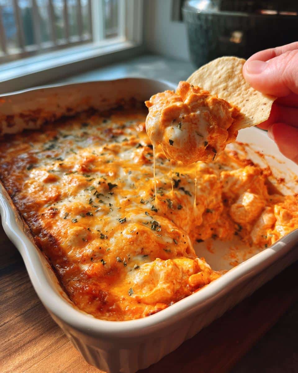 A chip scooping up creamy buffalo chicken dip, showing melted cheese and herbs in a white baking dish.