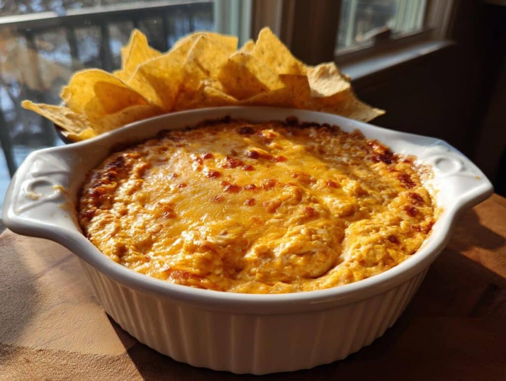 Baked buffalo chicken dip in a white dish, served with tortilla chips. Ready to eat!