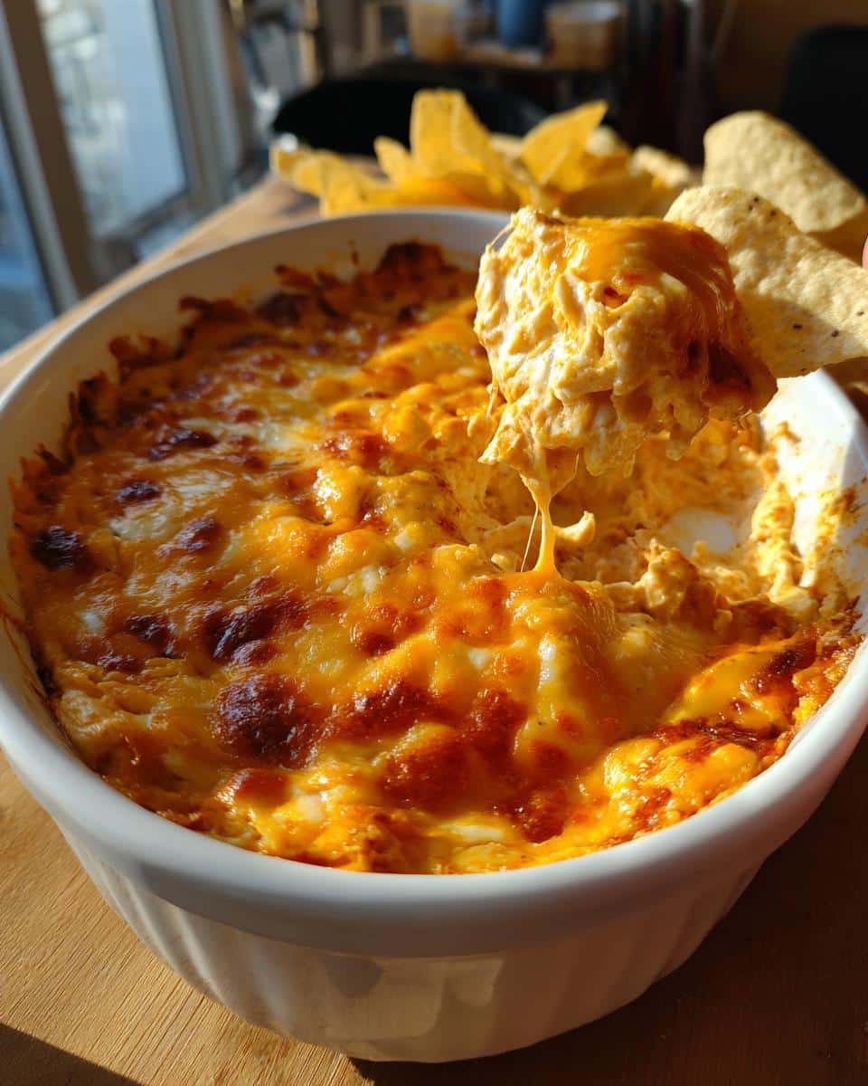 Close-up of cheesy buffalo chicken dip being scooped up with a tortilla chip.
