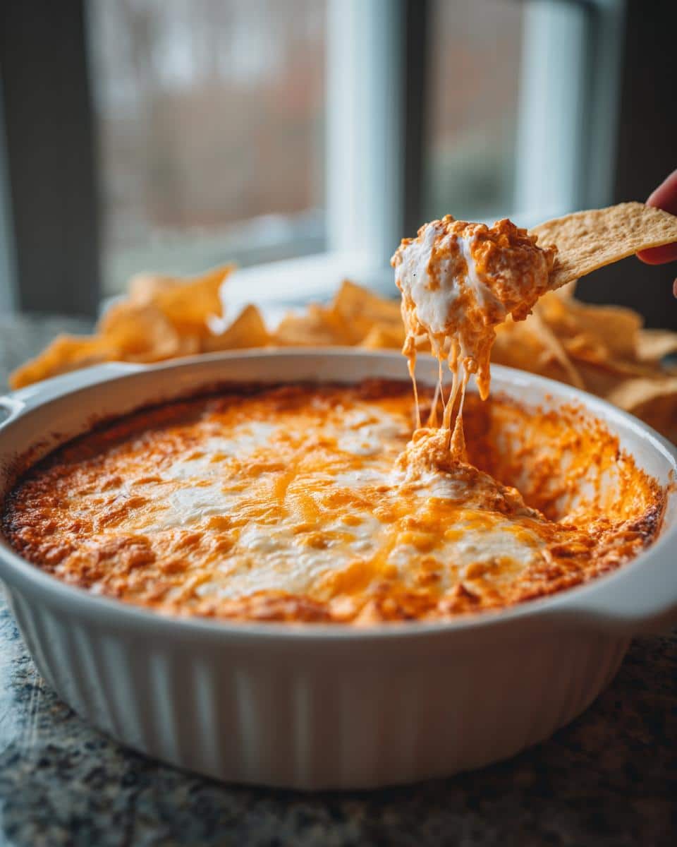 Scooping cheesy buffalo chicken dip with a tortilla chip. The dip is bubbly and hot, with melted cheese.