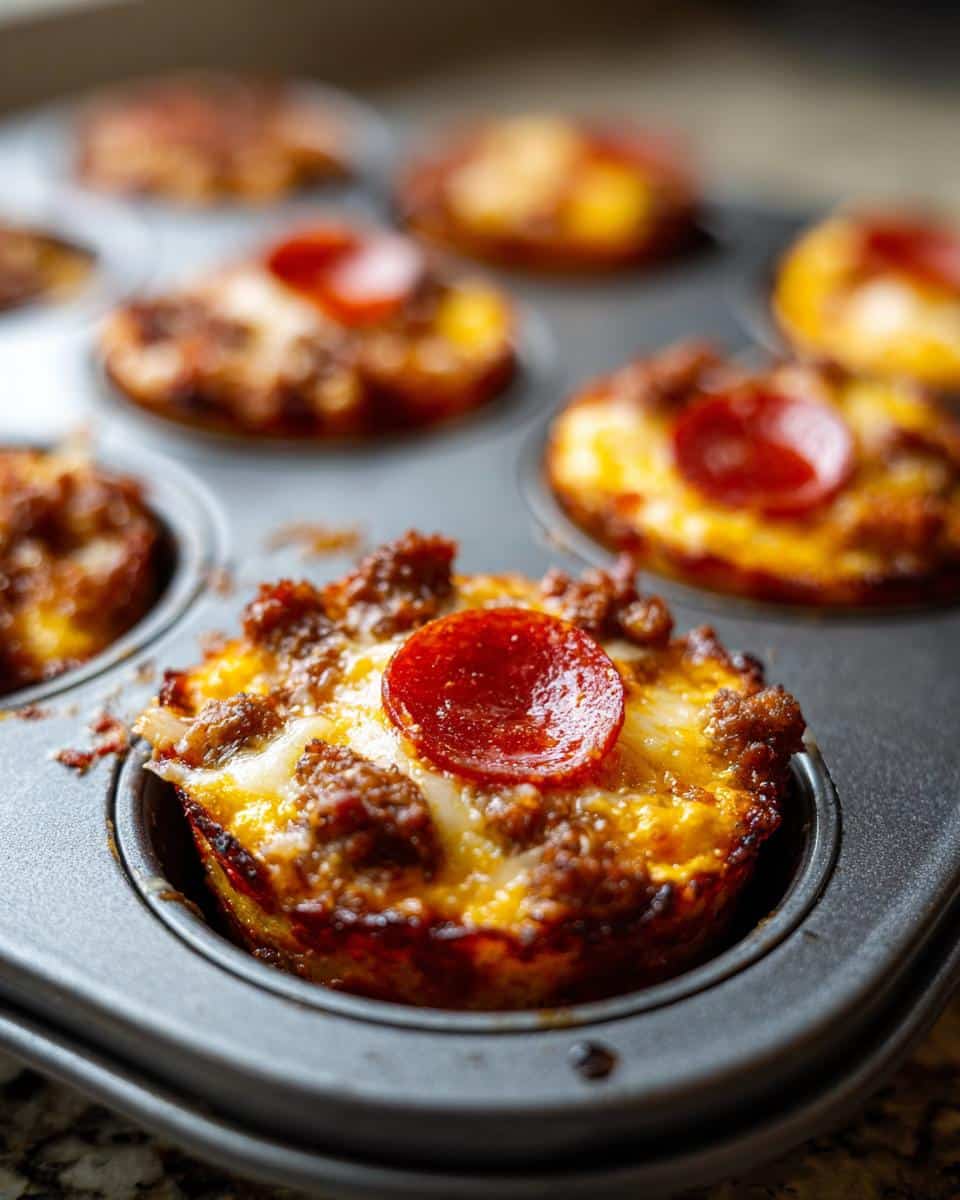 Close-up of Carnivore Pizza Muffins in a muffin tin, topped with pepperoni and cheese.