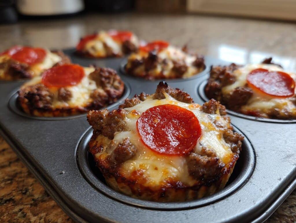 Carnivore Pizza Muffins in a muffin tin, topped with cheese and pepperoni.