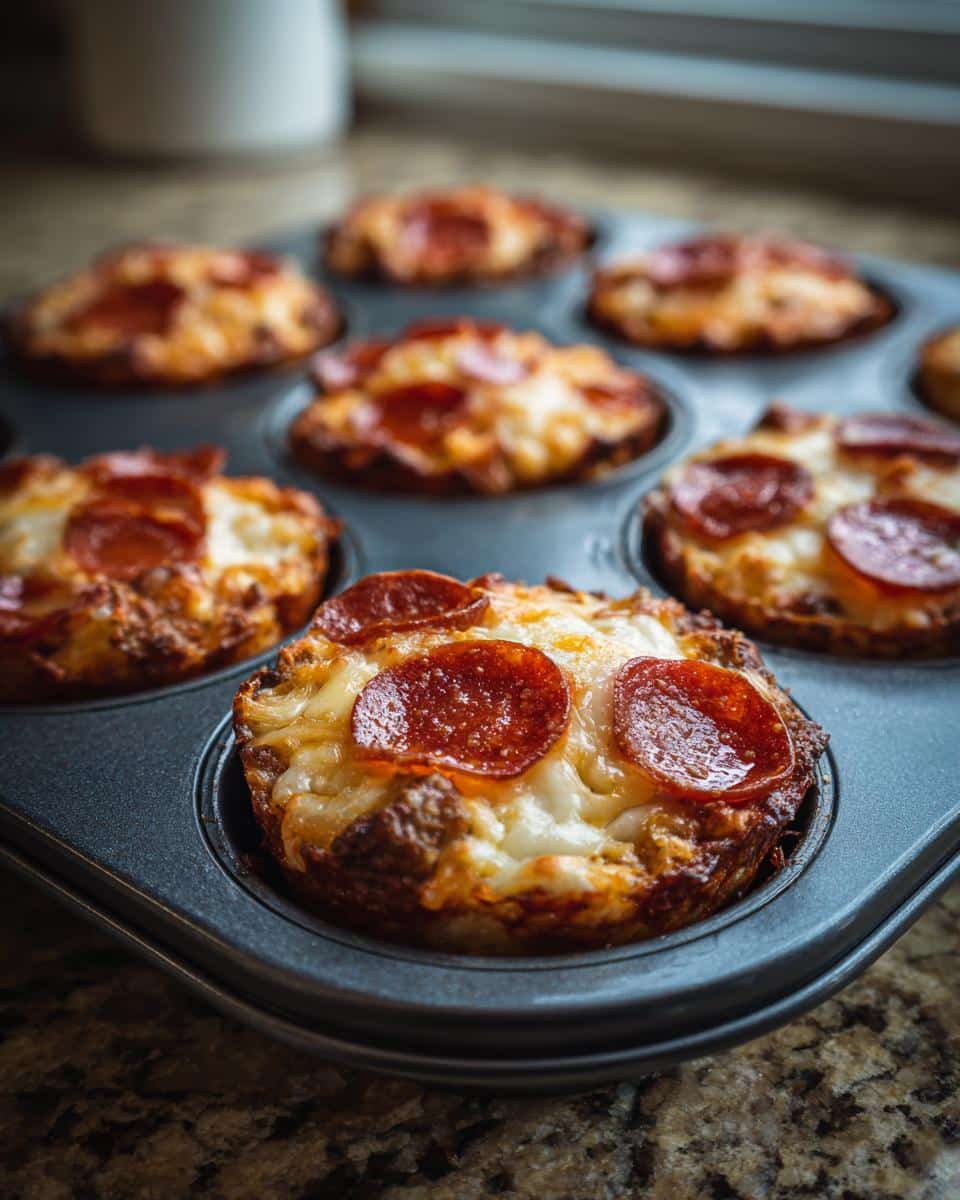 Freshly baked Carnivore Pizza Muffins in a muffin tin, topped with pepperoni and melted cheese.