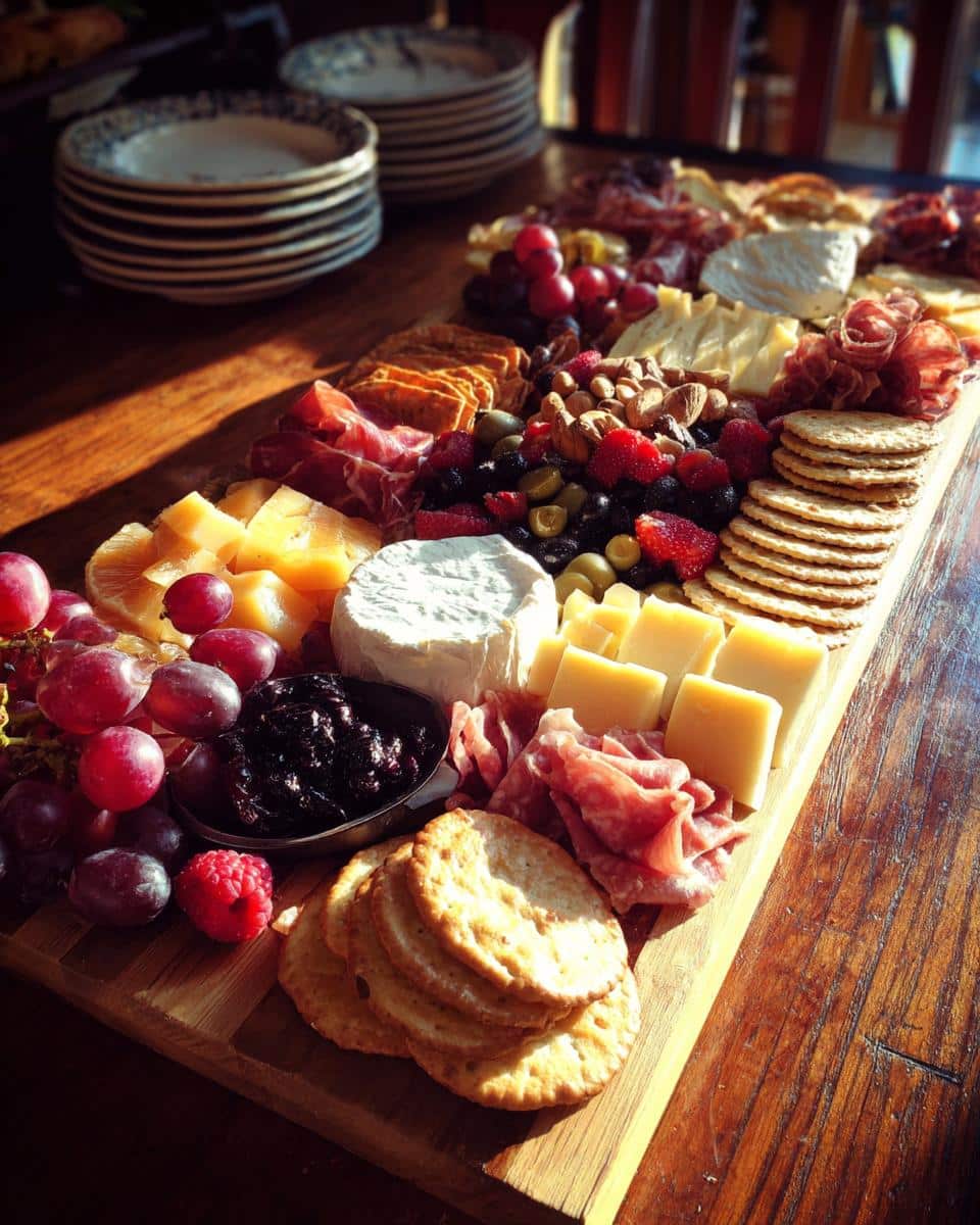 Overhead view of a loaded charcuterie board featuring cheeses, meats, crackers, berries, grapes, and nuts.