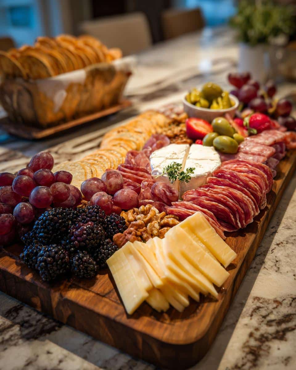 A beautifully arranged charcuterie board featuring cheeses, meats, fruits, crackers, and nuts.
