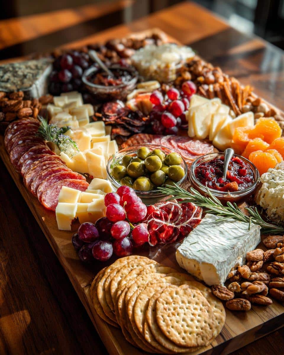A beautifully arranged charcuterie board featuring a variety of meats, cheeses, fruits, crackers, and nuts.