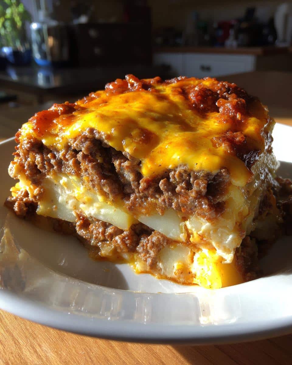 A slice of cheesy hamburger scalloped potatoes, showing layers of potatoes, hamburger, and melted cheese.