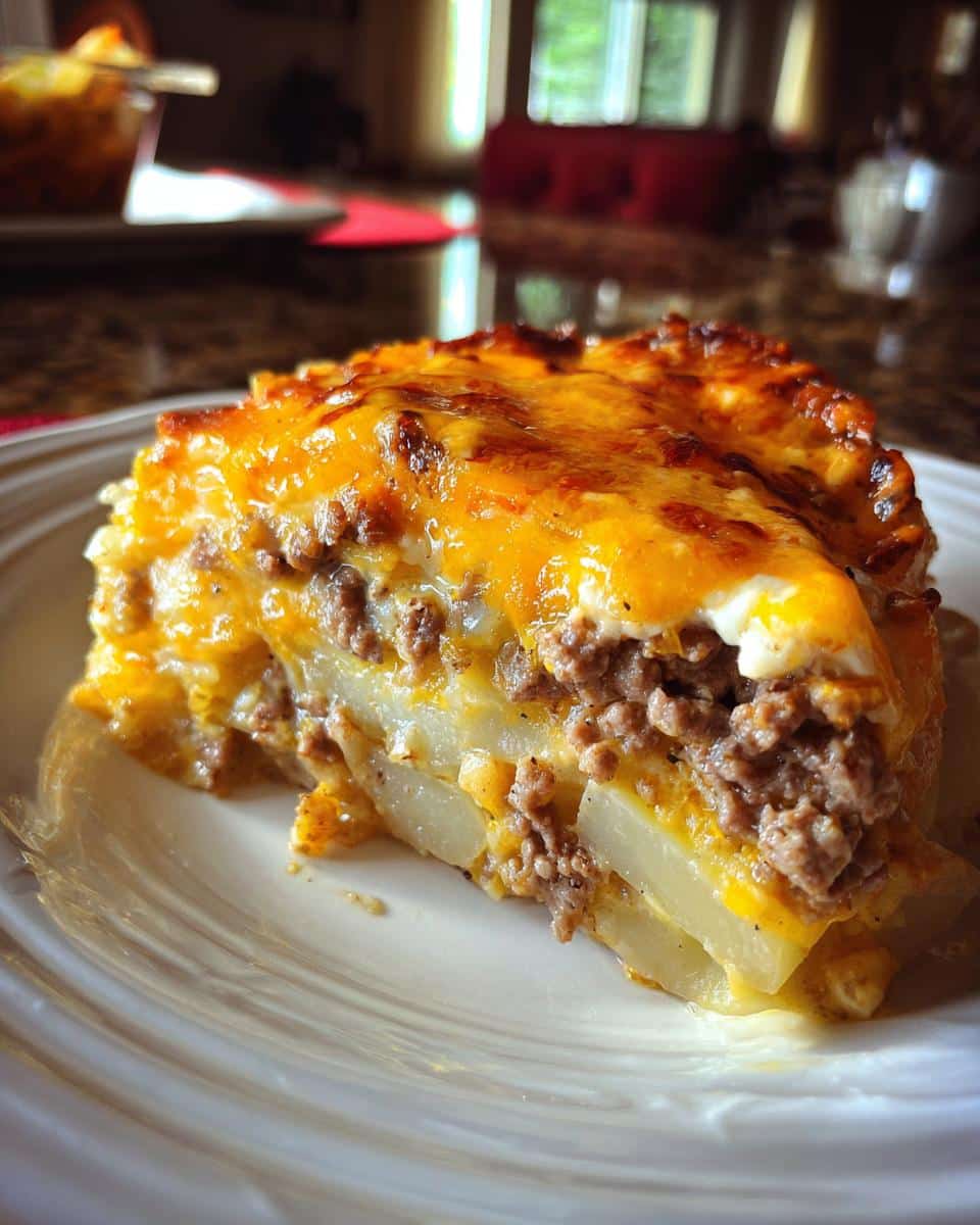 A slice of cheesy hamburger scalloped potatoes on a white plate, showcasing layers of potatoes, hamburger, and melted cheese.