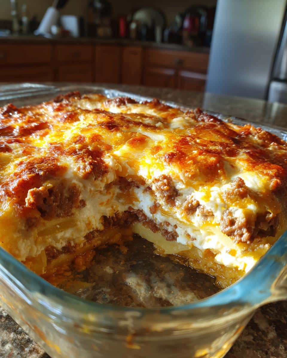 Close-up of cheesy hamburger scalloped potatoes in a glass baking dish, showing layers of potatoes, meat, and melted cheese.