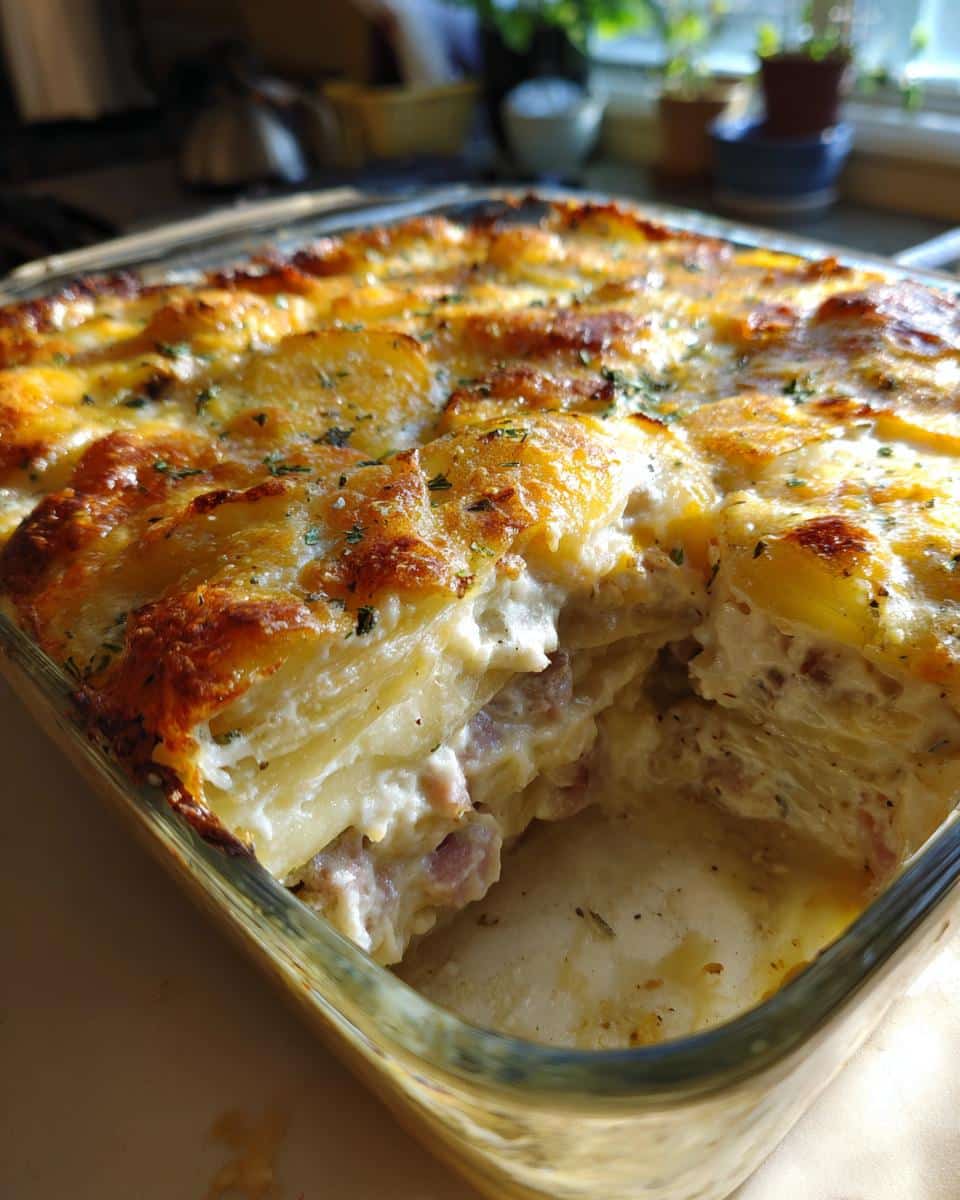 Close-up of cheesy scalloped potatoes and ham with cream of mushroom soup in a glass baking dish.