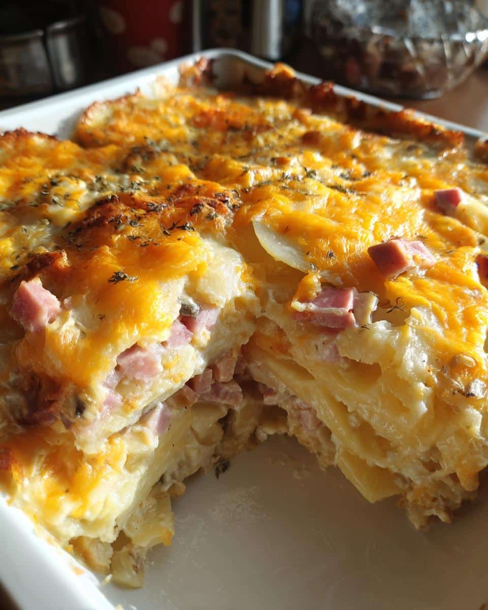 Close-up of cheesy scalloped potatoes and ham with cream of mushroom soup in a casserole dish, cut to show layers.