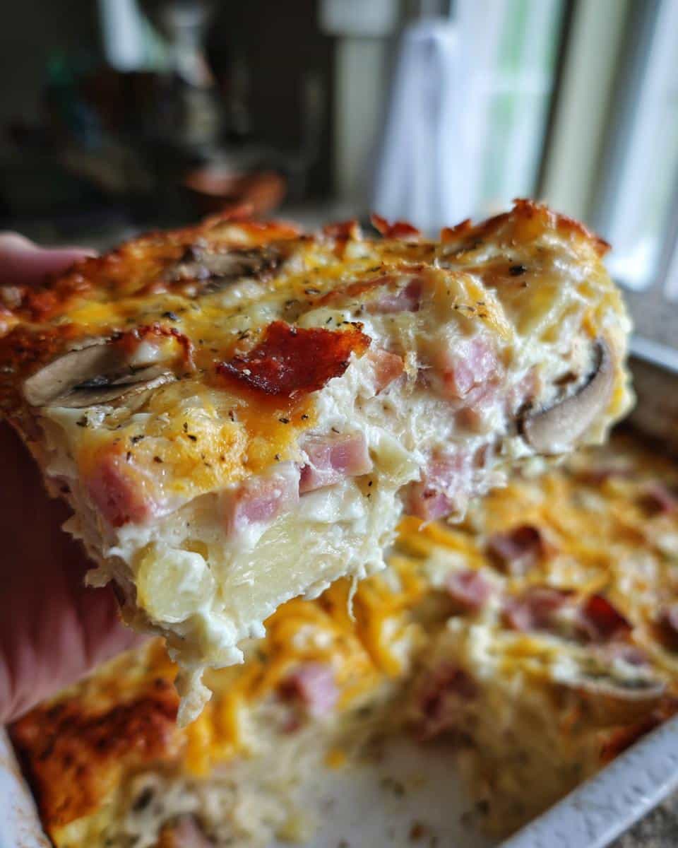 A slice of cheesy scalloped potatoes and ham with cream of mushroom soup, showcasing the layers of potatoes, ham, and cheese.