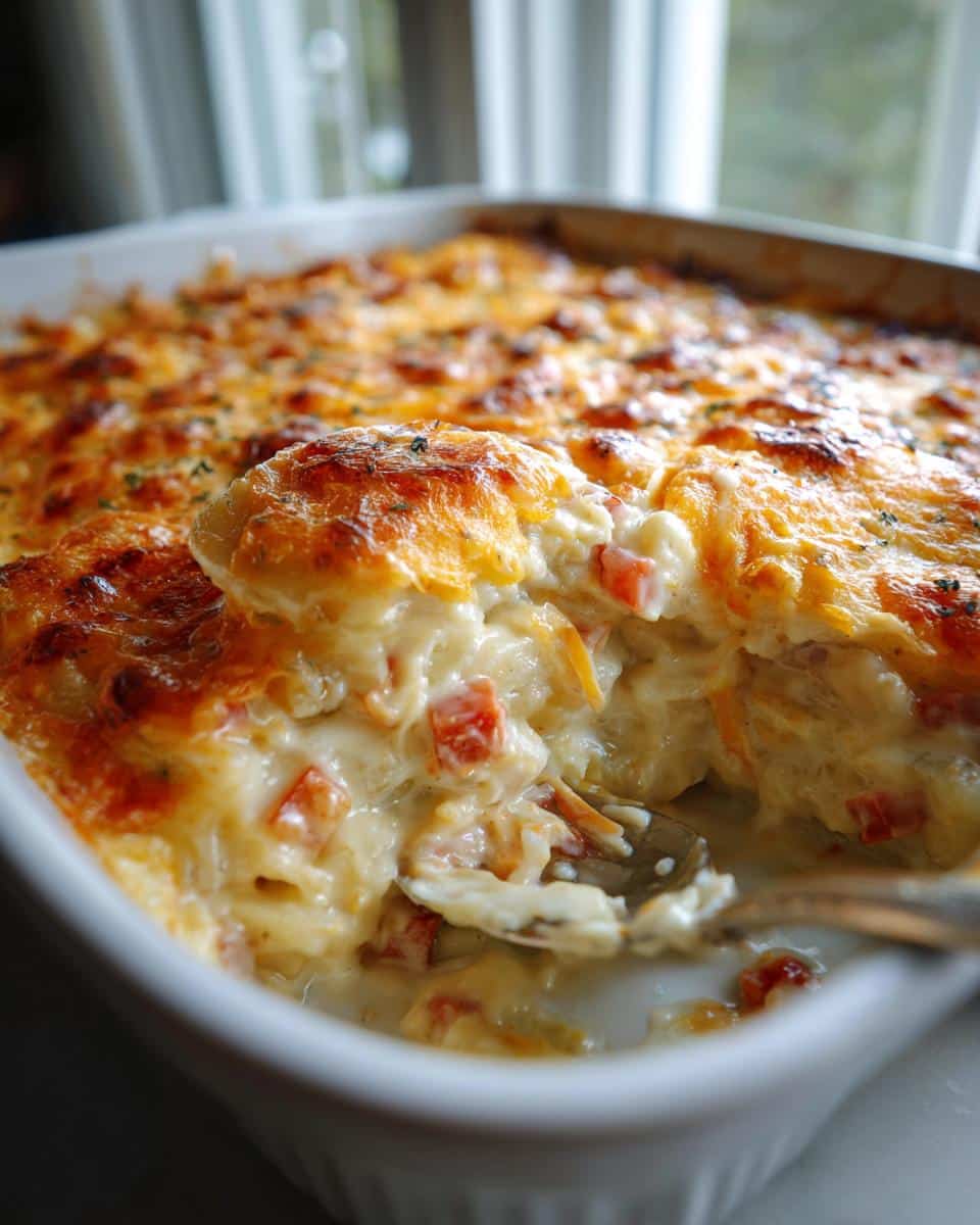 Close up of cheesy scalloped potatoes and ham with velveeta in a white baking dish, a spoon taking a scoop.