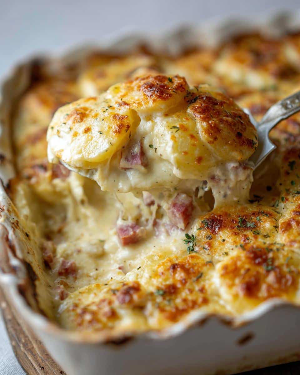 Spoon lifting cheesy scalloped potatoes and ham with velveeta from a baking dish, showing layers of potatoes and ham.