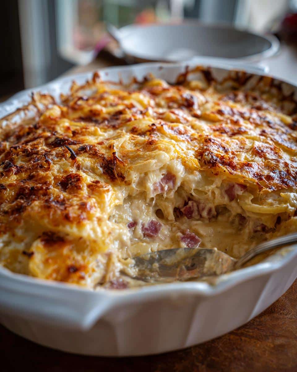 Close-up of cheesy scalloped potatoes and ham with velveeta in a white baking dish, a spoon taking a portion.