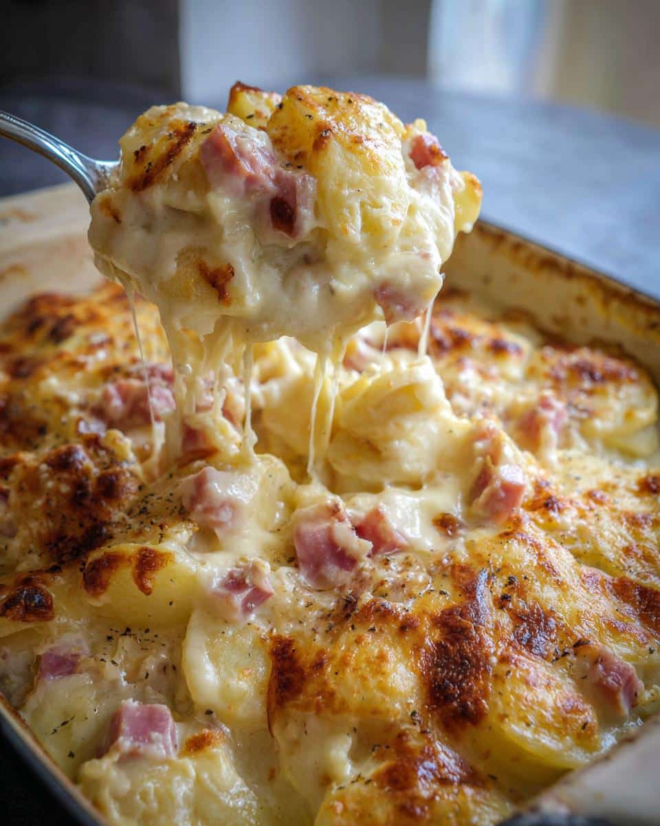 Spoonful of cheesy scalloped potatoes and ham with velveeta being lifted from a casserole dish.