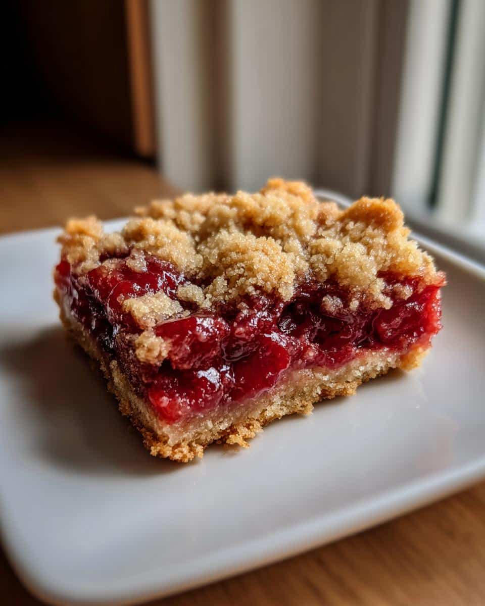 A single cherry rhubarb pie bar on a white plate, showcasing the filling and crumb topping.