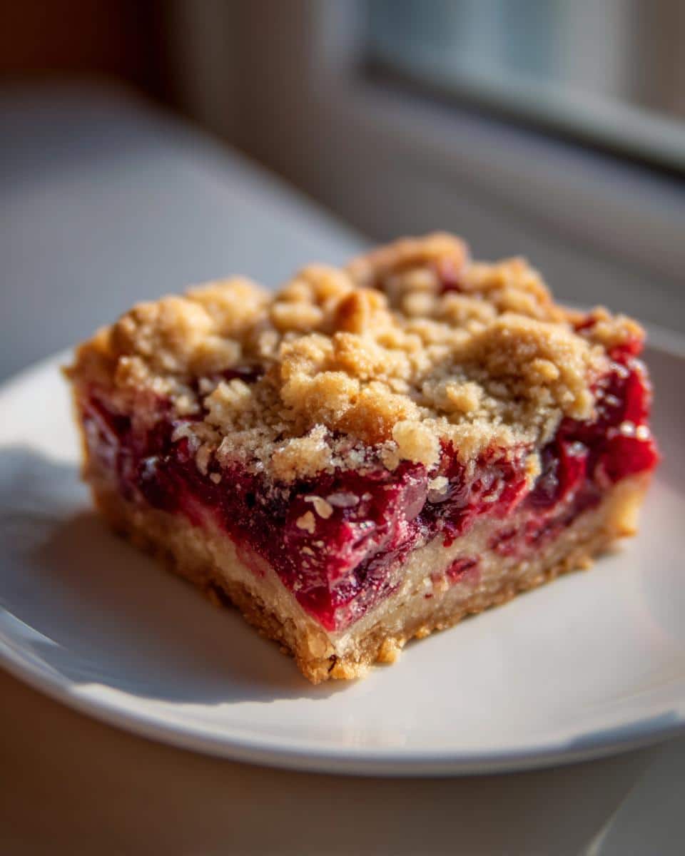 A single cherry rhubarb pie bar slice on a white plate, showcasing the fruit filling and crumb topping.