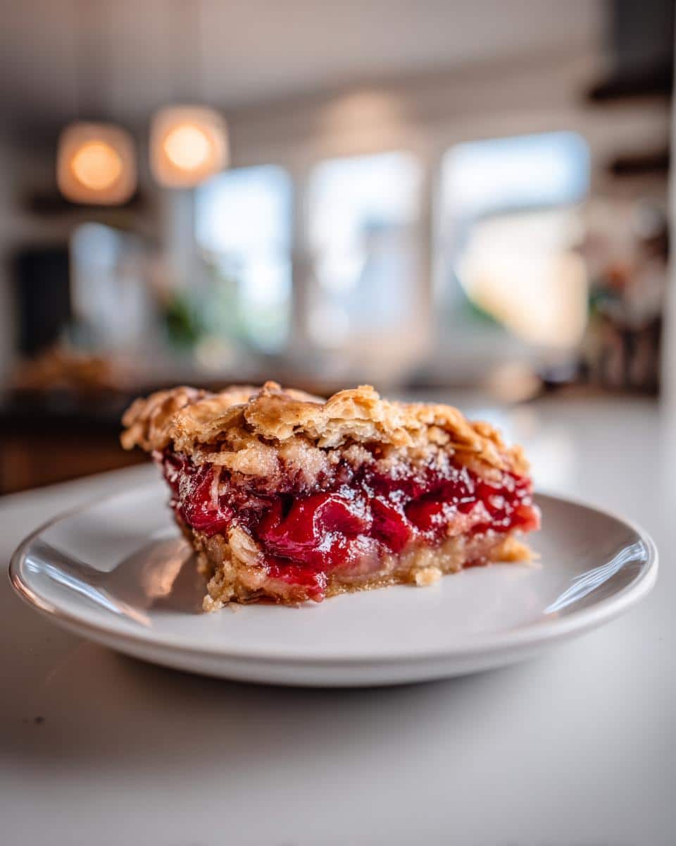 A single slice of cherry rhubarb pie bars on a white plate, showcasing the flaky crust and juicy filling.