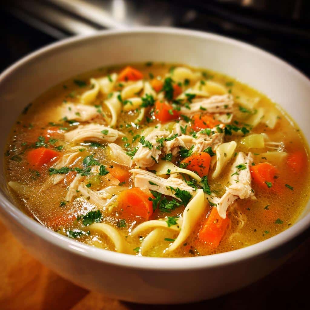 A comforting bowl of chicken noodle soup with egg noodles, chicken, carrots, and celery, garnished with fresh parsley.