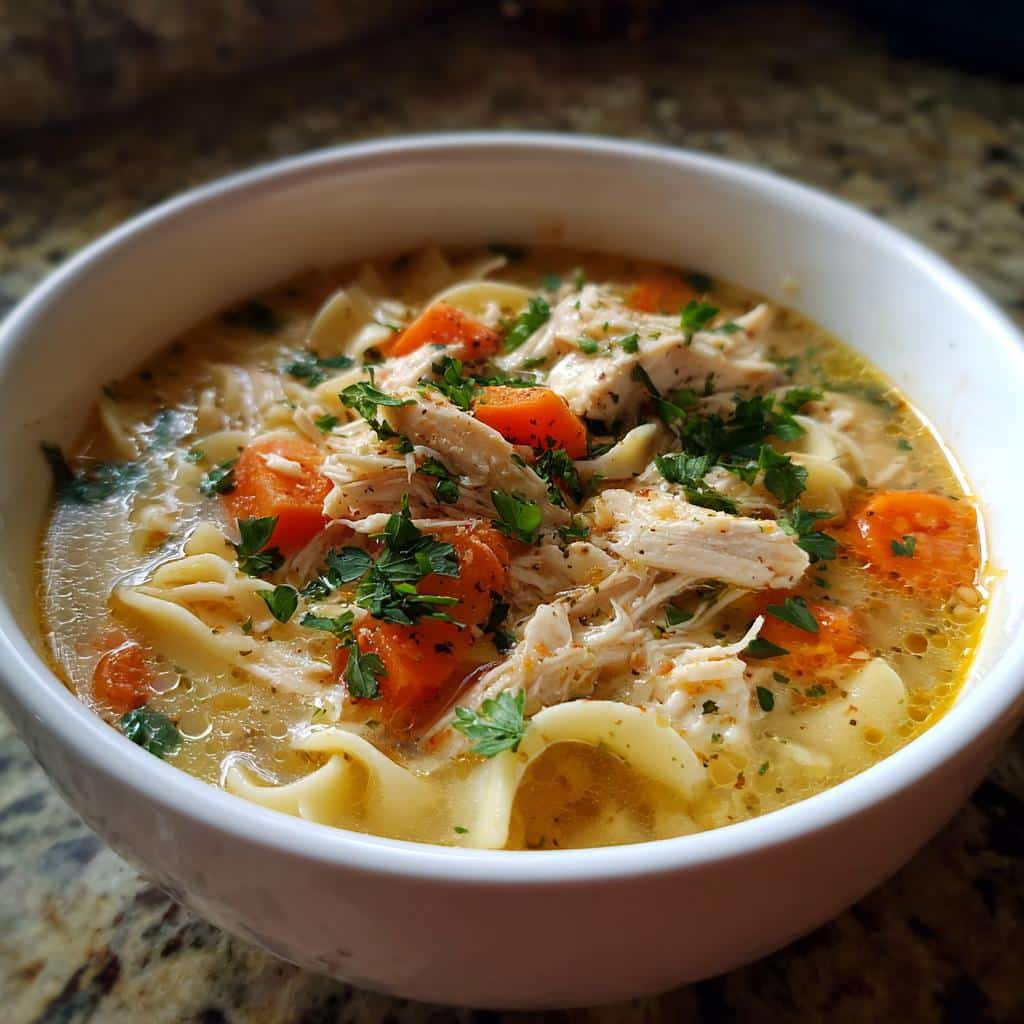 A comforting bowl of chicken noodle soup with egg noodles, shredded chicken, carrots, and parsley.