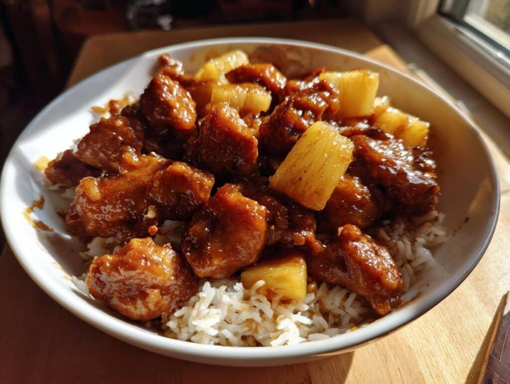 A bowl of chicken pineapple recipe served over white rice, showcasing the sweet and savory dish.