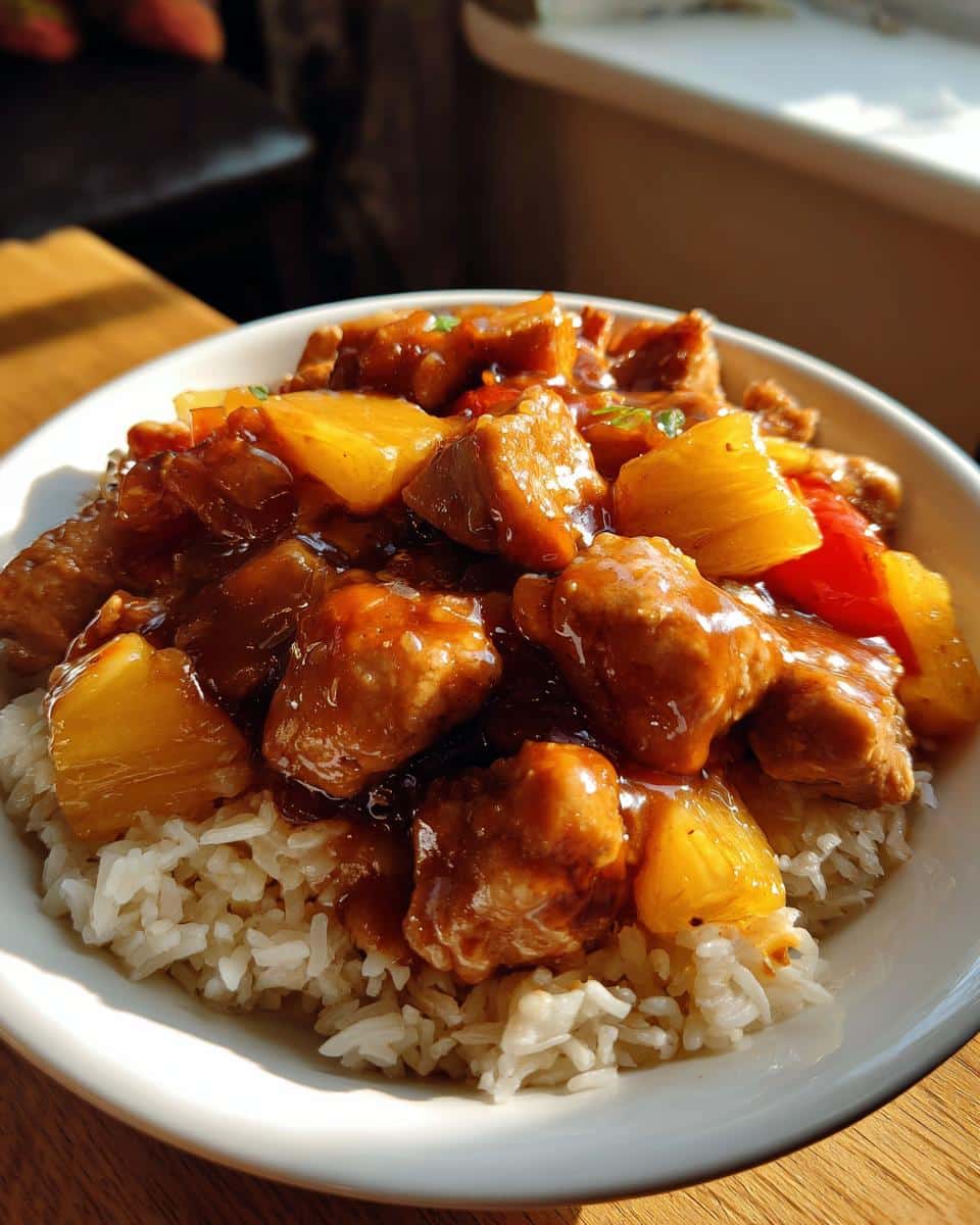 Bowl of chicken pineapple recipe served over white rice, with a sweet and savory sauce.