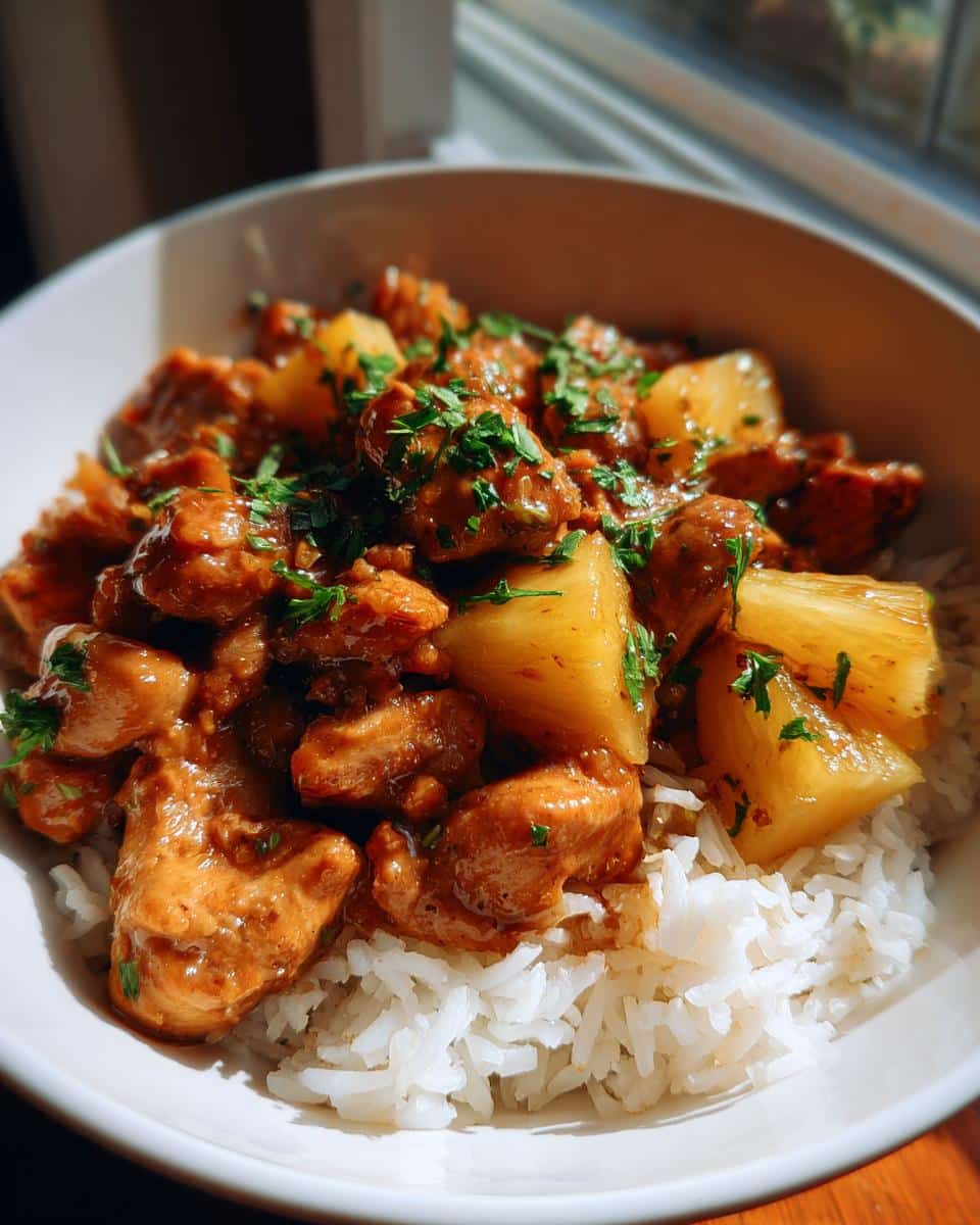 Bowl of chicken pineapple recipe served over white rice, garnished with fresh parsley.