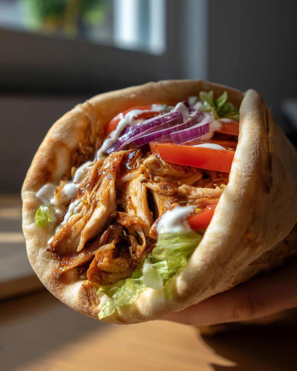 Close-up of a Chicken Shawarma sandwich in pita bread with chicken, lettuce, tomatoes, onions, and sauce.