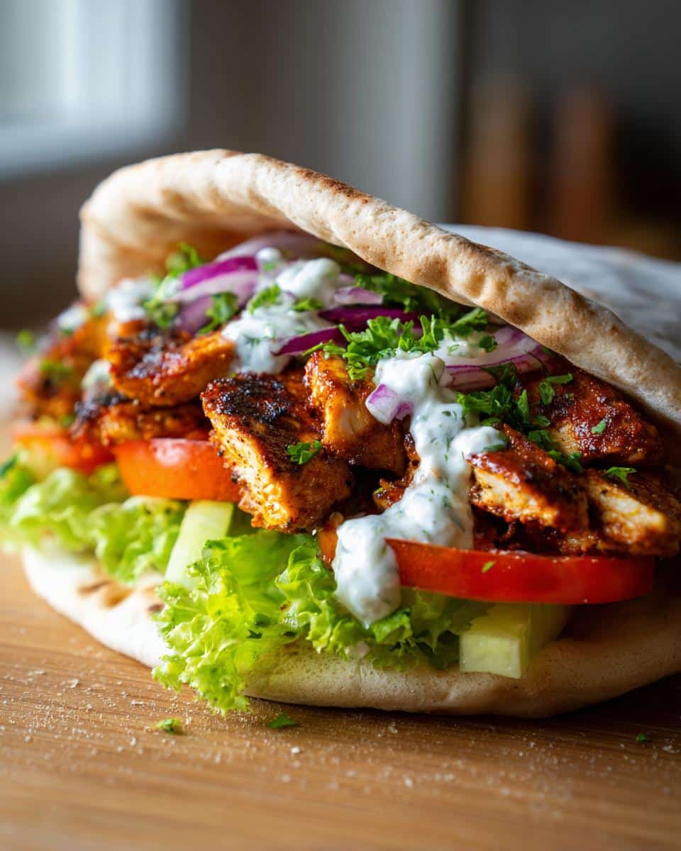A close-up of Chicken Shawarma in pita bread with lettuce, tomato, red onion, and creamy sauce.
