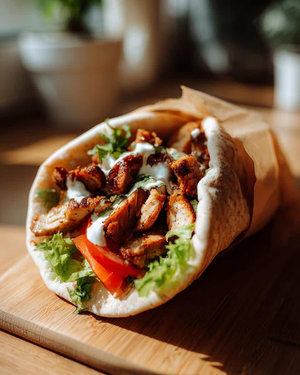 Close-up of a Chicken Shawarma wrap with chicken, lettuce, tomato, and white sauce in pita bread.