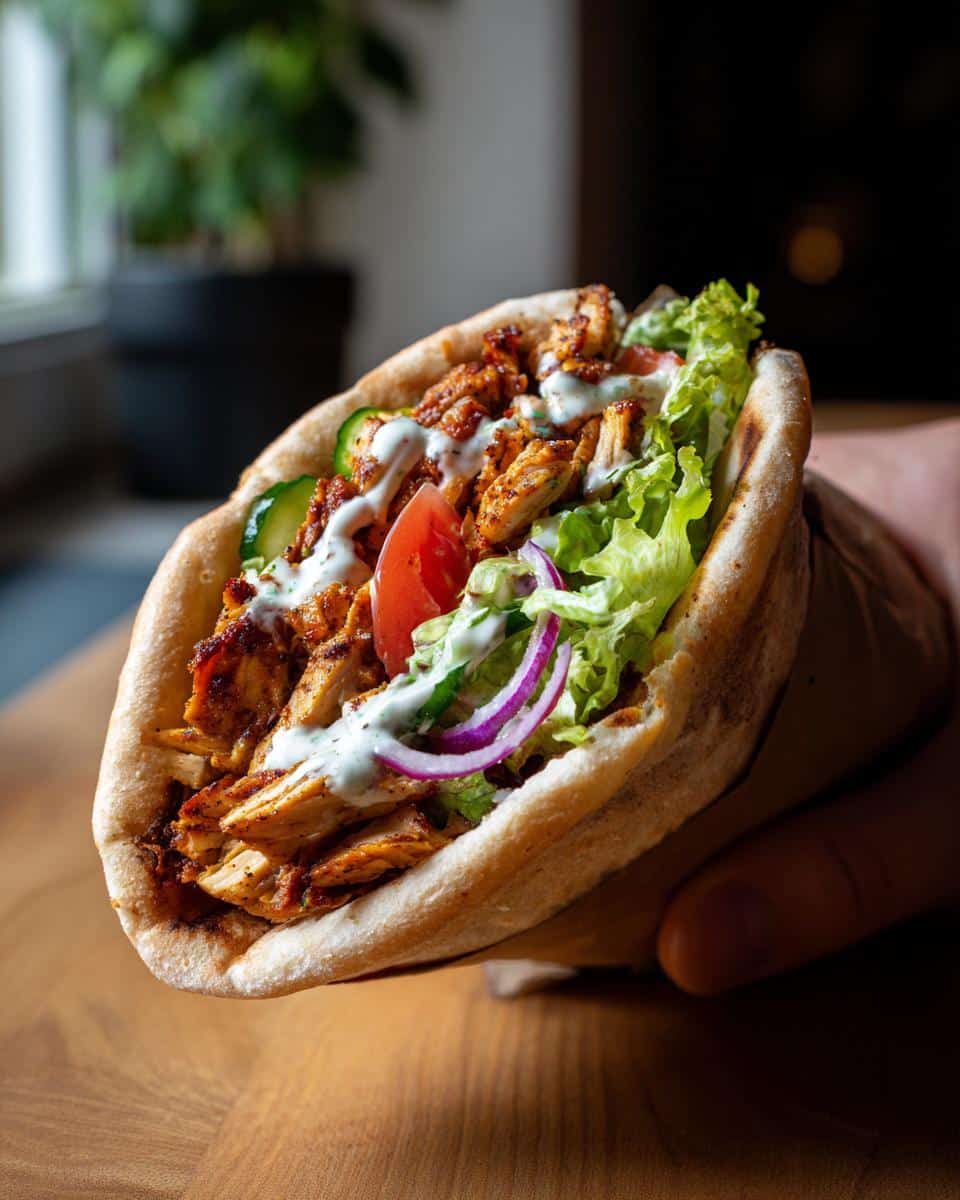 Hand holding a flavorful Chicken Shawarma wrap with chicken, lettuce, tomato, cucumber, red onion, and sauce.