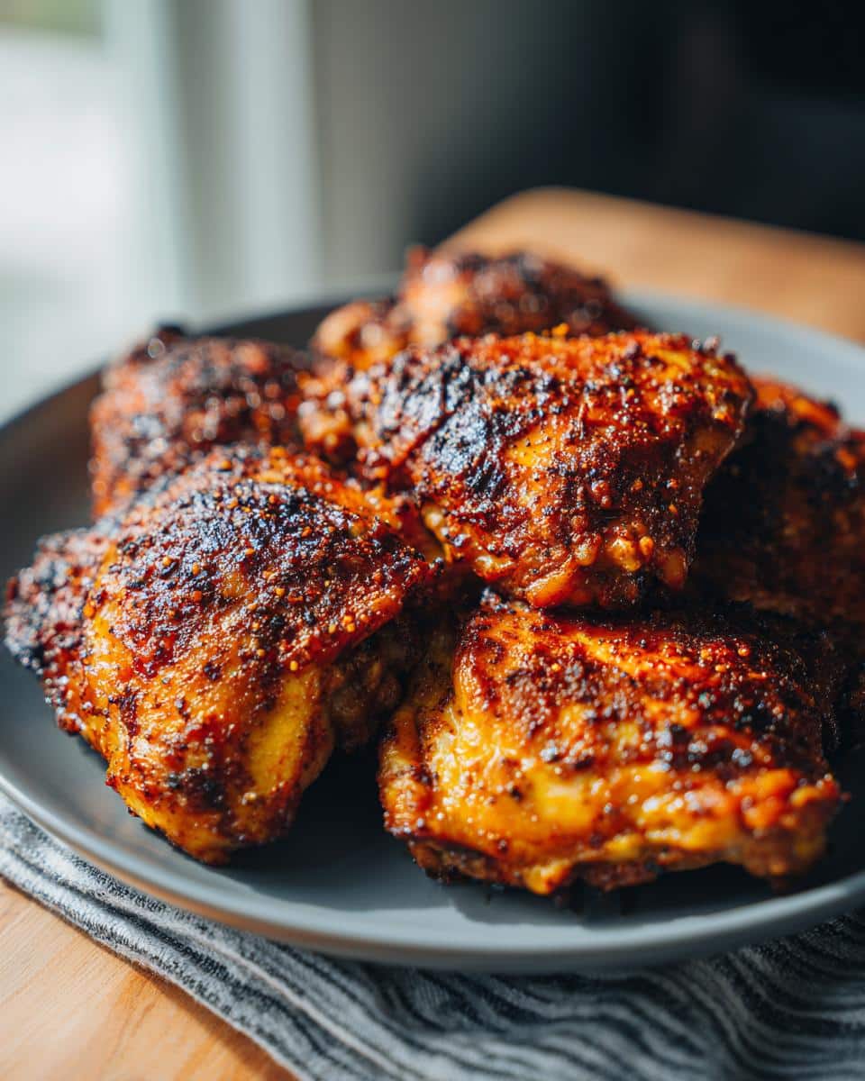Close-up of several seasoned and cooked chicken thigh recipes piled on a gray plate, ready to eat.
