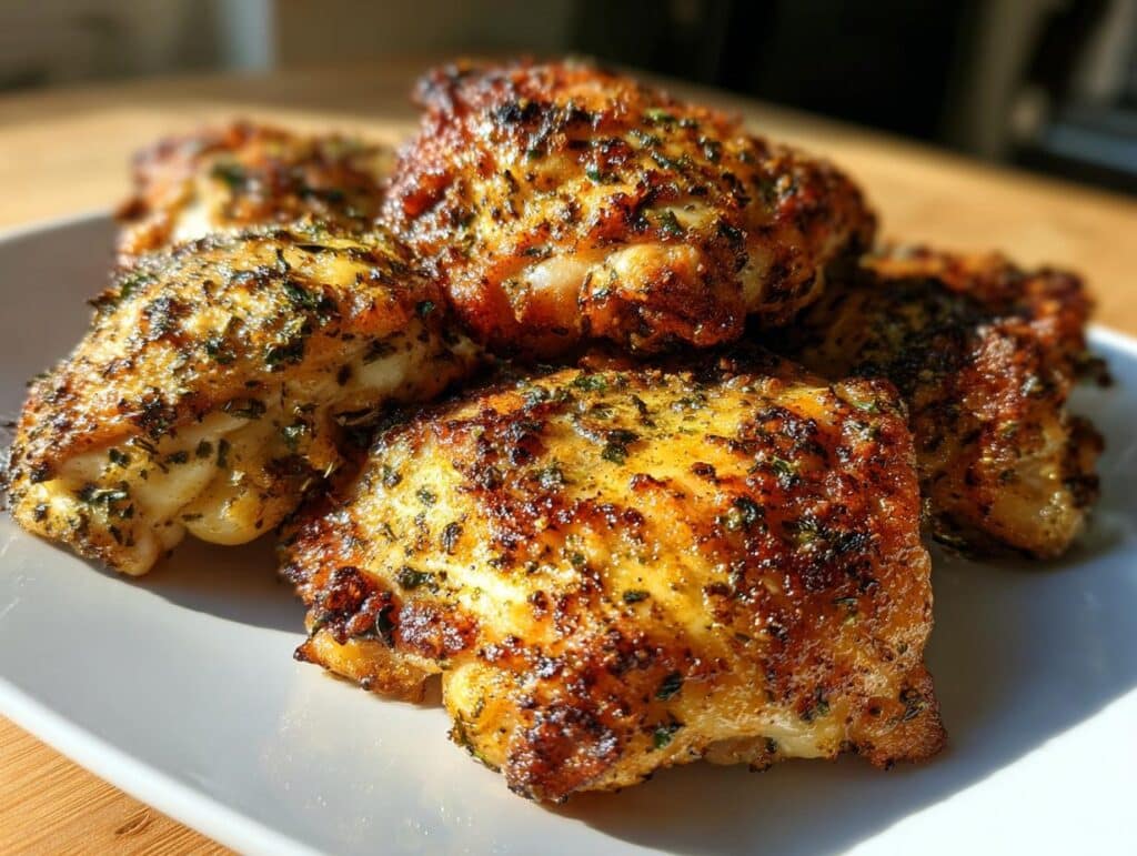 Close-up of seasoned and cooked chicken thigh recipes on a white plate, ready to serve.