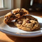 Two chocolate chip cookies, one broken in half to show the inside, on a white plate.