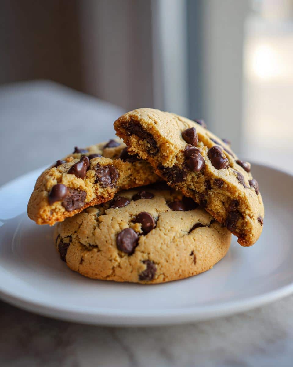 A stack of delicious chocolate chip cookies, one broken in half to show the soft interior.