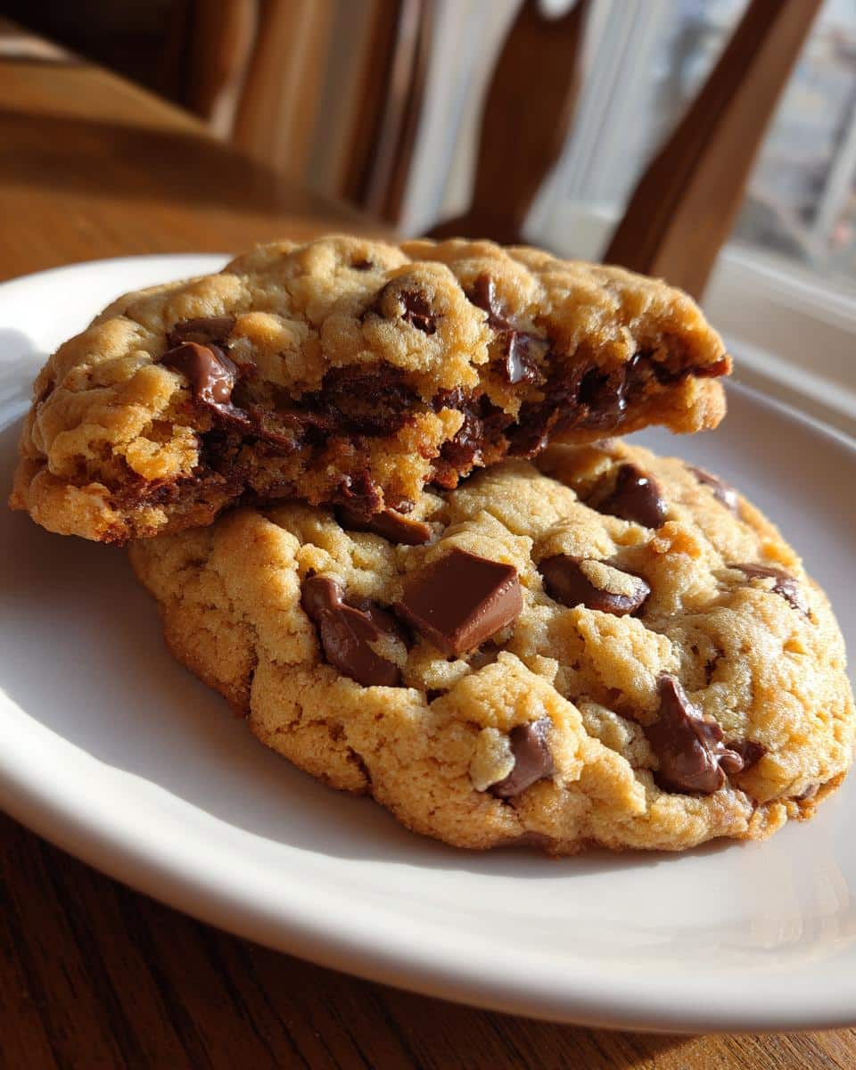 Two stacked chocolate chip cookies, one broken in half to show the gooey chocolate inside.