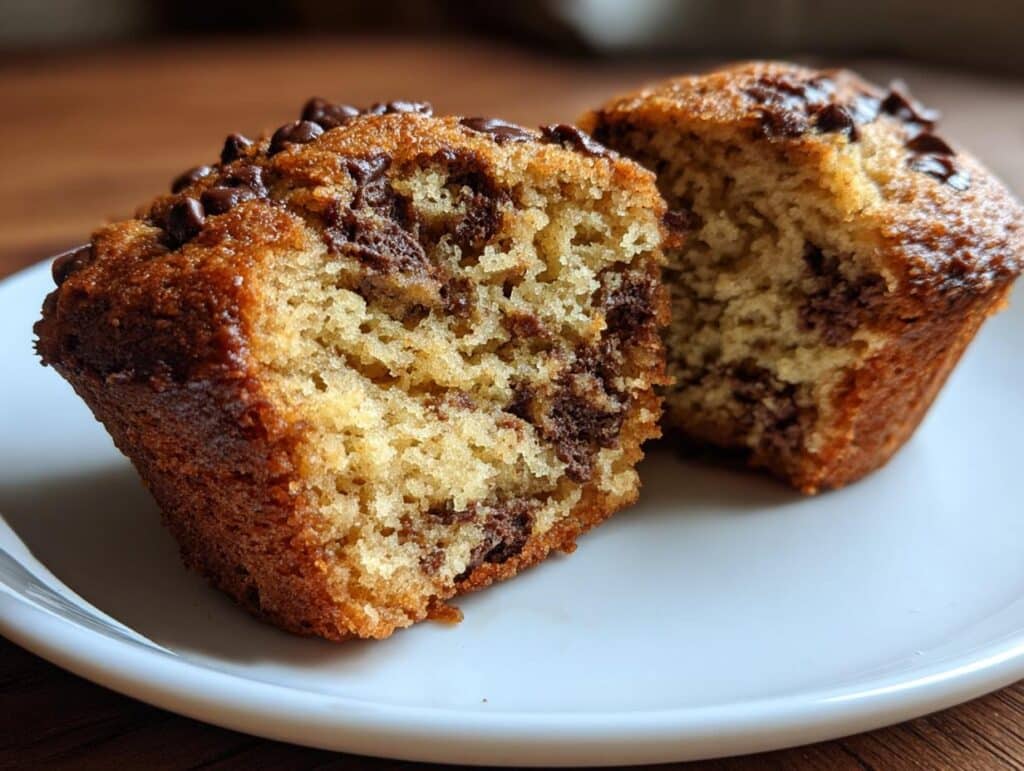 A halved chocolate chip muffin on a white plate, showing the interior texture and melted chocolate chips.