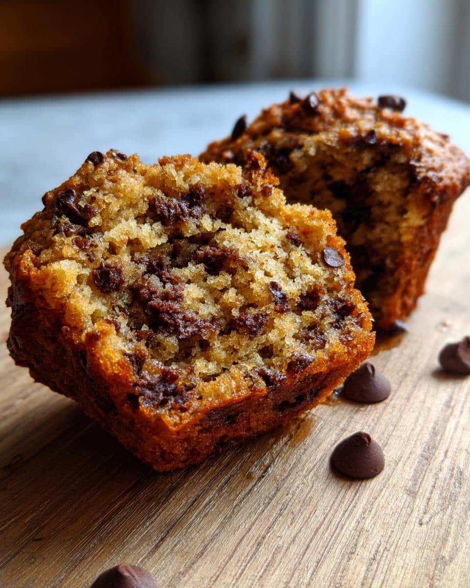 A halved chocolate chip muffin shows the interior texture and chocolate chips, with another muffin in the background.