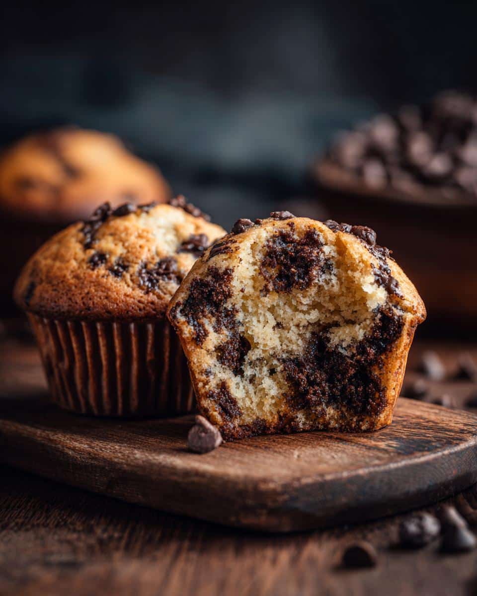Two chocolate chip muffins on a wooden board, one cut in half to show the inside texture.