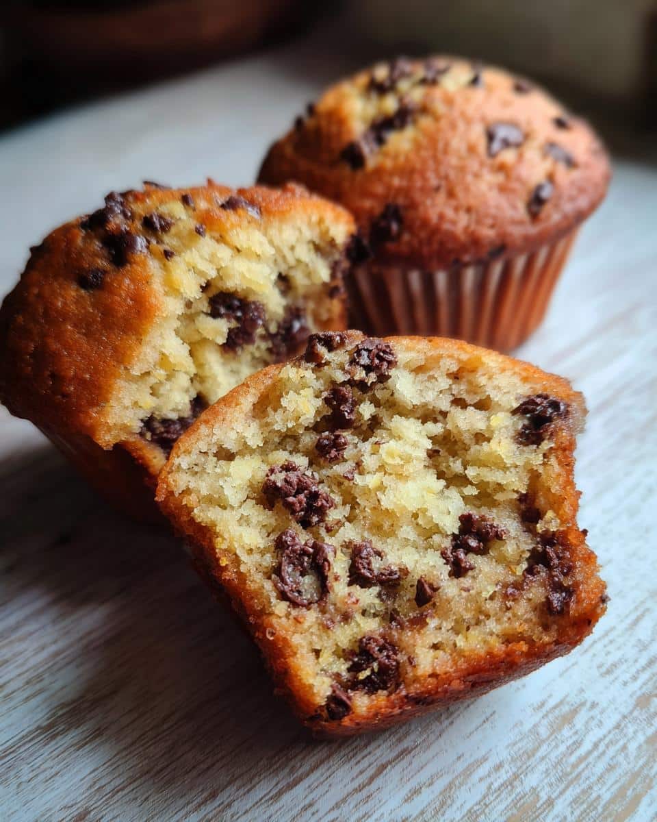 Close-up of chocolate chip muffins, one muffin broken open to show the texture and chocolate chips inside.