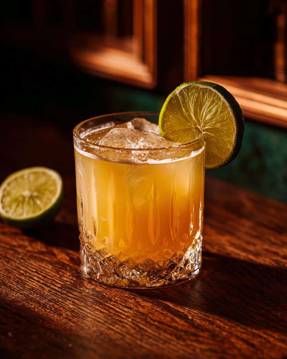 A glass of best classic margarita recipe with ice, garnished with a lime wedge on a wooden surface.