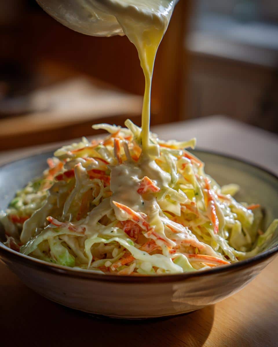 Close-up of coleslaw with coleslaw dressing being poured from a spoon. Fresh cabbage and carrots.