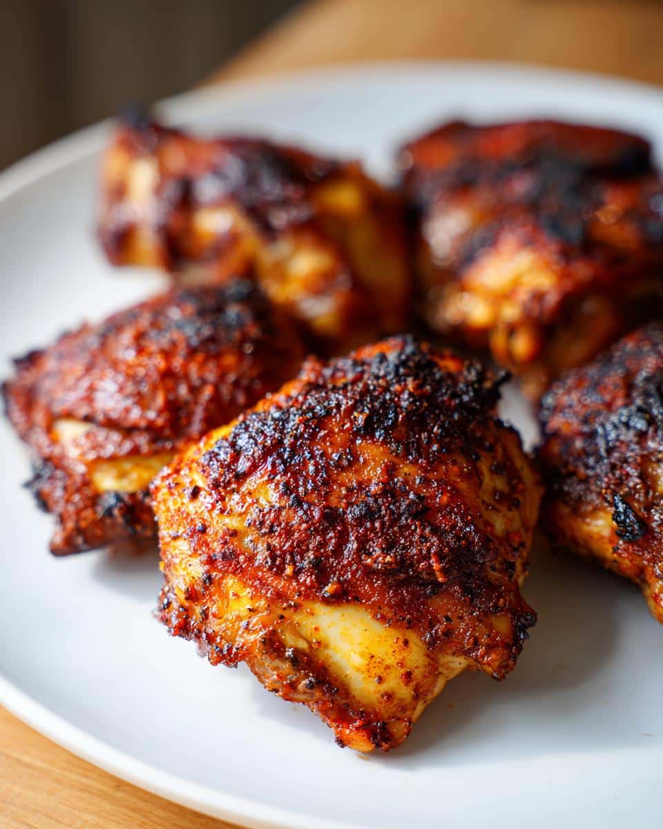 Close-up of seasoned and cooked chicken thigh recipes on a white plate, ready to be served.