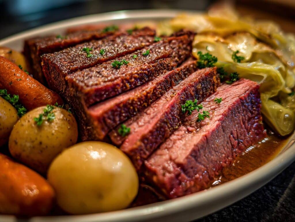 A beautifully plated corn beef and cabbage recipe, featuring sliced corned beef, potatoes, carrots, and cabbage.