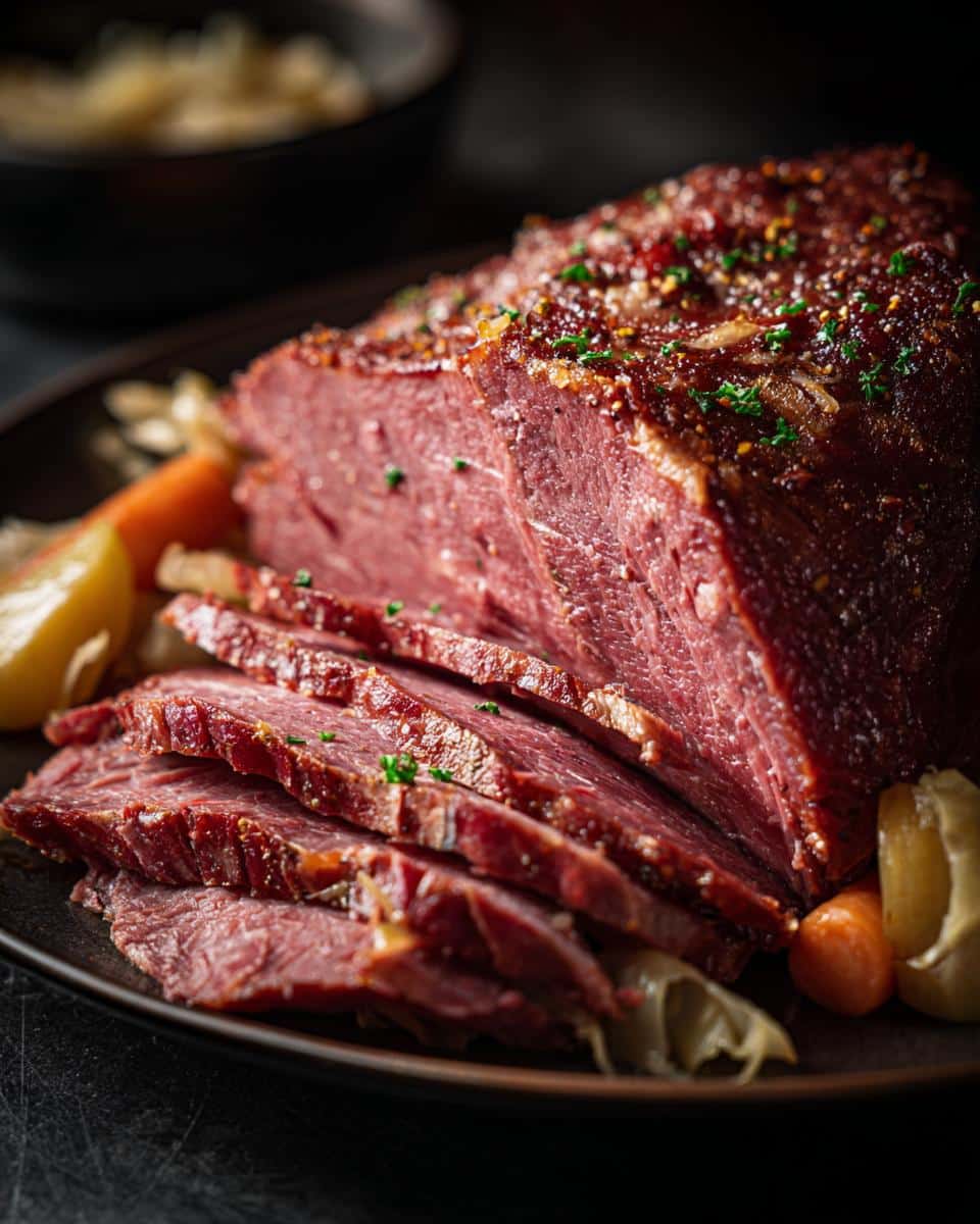 Delicious sliced corn beef and cabbage recipe with carrots and potatoes on a dark plate.