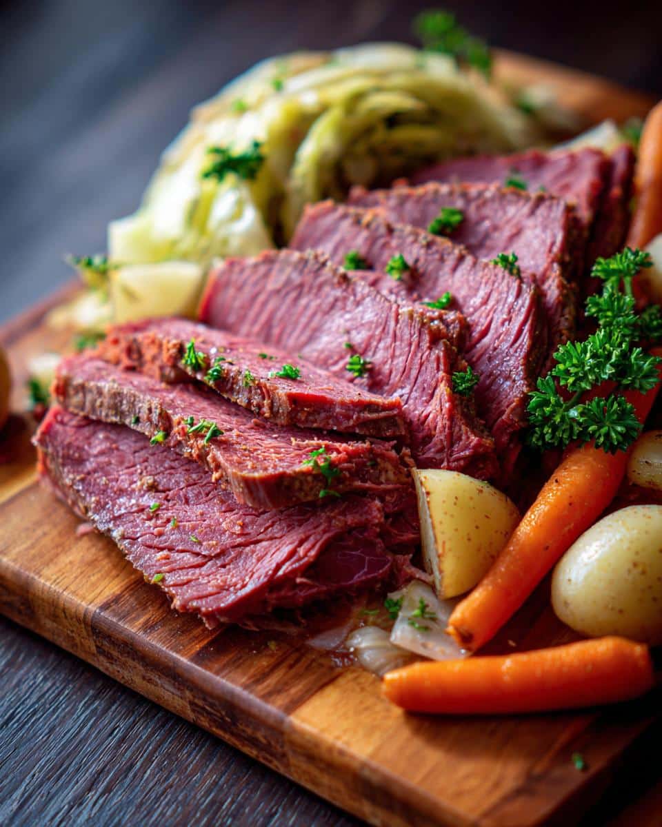 Slices of corn beef and cabbage recipe served with carrots and potatoes on a wooden cutting board.
