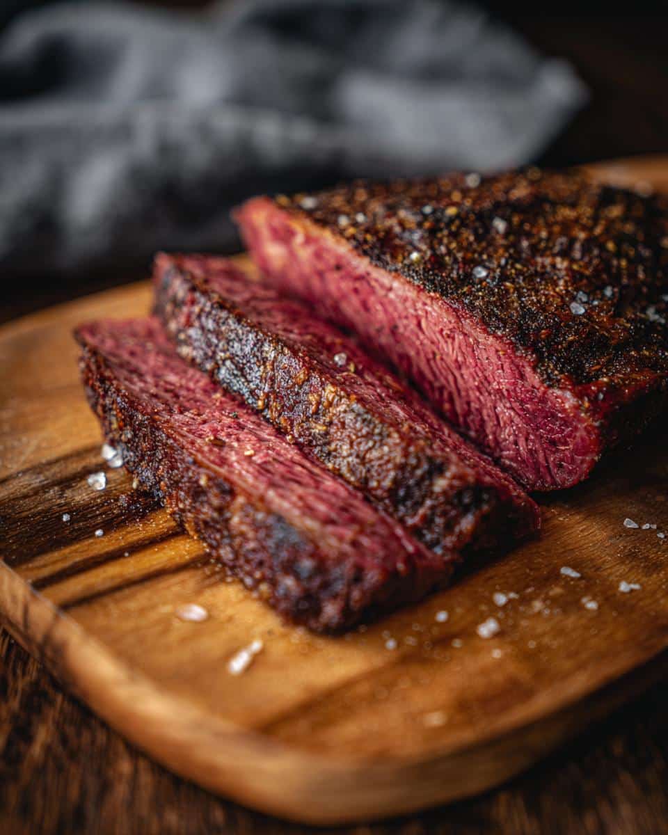 Close-up of sliced corn beef, part of a corn beef and cabbage recipe, on a wooden cutting board.
