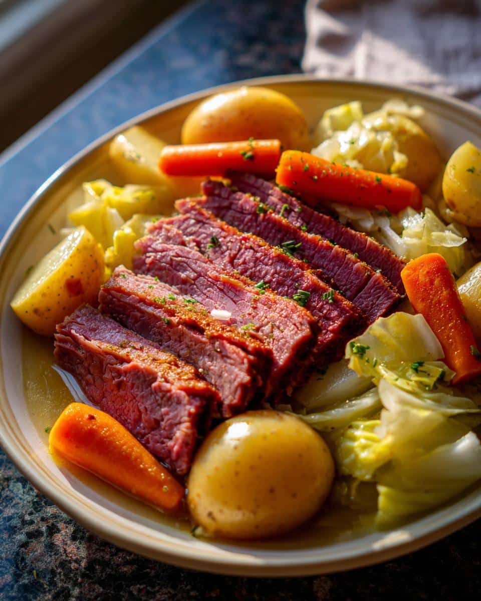 Close-up of sliced corned beef and cabbage with potatoes and carrots, ready to eat.